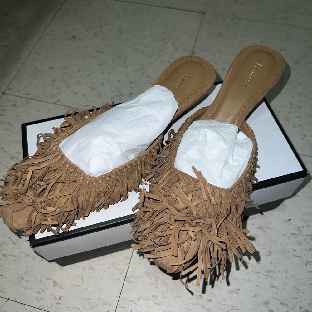 Larroude Brown Fringe Heels